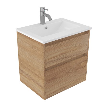 Elementi Sienna 600mm 2 Drawer Vitreous China Wall-Hung Vanity Southern Oak Timberland