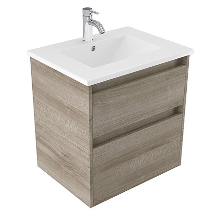 Elementi Sienna 600mm 2 Drawer Vitreous China Wall-Hung Vanity Ashen Walnut Timberland