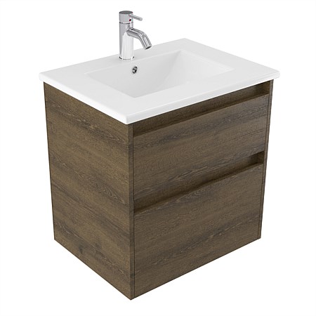 Elementi Sienna 600mm 2 Drawer Vitreous China Wall-Hung Vanity Smokey Oak Timberland
